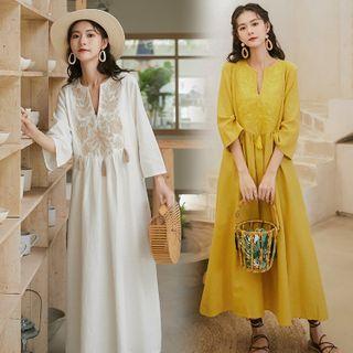 Long-sleeve Floral Embroidered Linen Blend Maxi A-line Dress