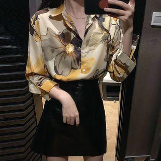 Flower Print Shirt / Faux Leather A-line Mini Skirt