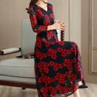Floral V-neck A-line Midi Lace Dress
