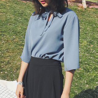 Elbow-sleeve Tie-neck Chiffon Top