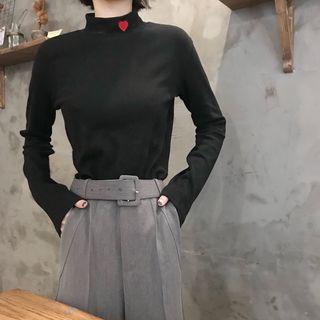 Embroidered Mock-turtleneck Long-sleeved Slim T-shirt