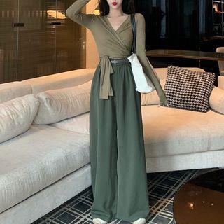 Long-sleeve Wrap T-shirt / Wide-leg Pants