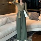Long-sleeve Wrap T-shirt / Wide-leg Pants