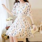 Elbow-sleeve Printed Perforated Lace Trim A-line Dress