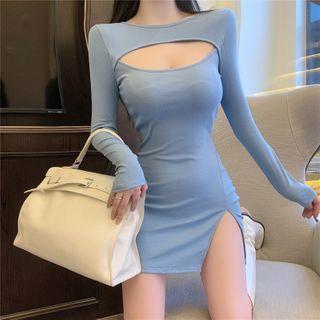 Plain Cutout Long-sleeve Split Skinny Mini Dress