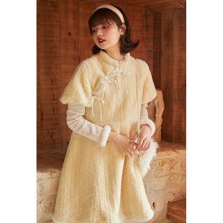 Puff-sleeve Bow-accent Fleece A-line Qipao Dress