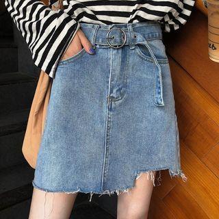 Irregular Hem Denim Mini Straight-fit Skirt