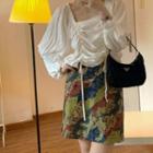 Balloon-sleeve Drawstring Blouse / Print A-line Skirt