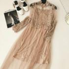 Set: Long-sleeve Lace Midi Dress + Slipdress