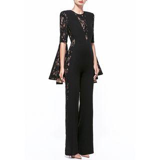 Bell-sleeve Lace-panel Jumpsuit