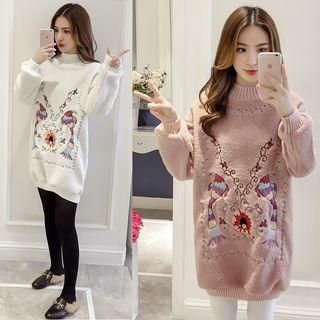 Mock Neck Loose-fit Embroidered Fleece Tunic