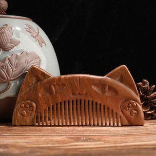 Cat Engraved Wooden Hair Comb Light Brown - One Size