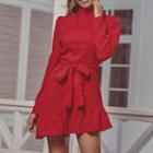 Long-sleeve Mock-neck Tie-waist Mini A-line Dress