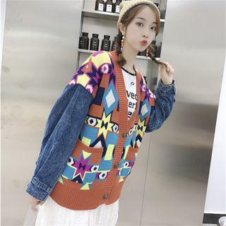 Denim Panel Printed Cardigan