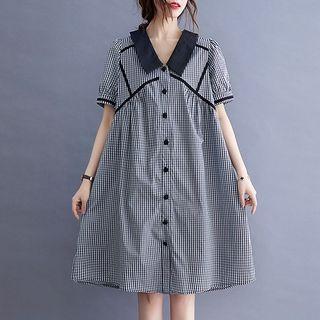 Elbow-sleeve Collared Plaid A-line Dress