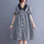 Elbow-sleeve Collared Plaid A-line Dress