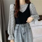 Long-sleeve Floral Blouse / V-neck Cropped Knit Tank Top