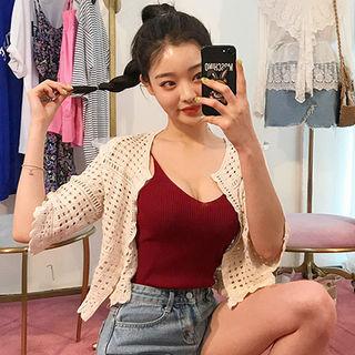 Elbow-sleeve Openwork Knit Cardigan