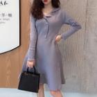 Collared Long-sleeve A-line Knitted Dress