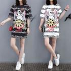 Elbow-sleeve Swan Print T-shirt
