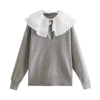Long-sleeve Tie-neck Ruffle Trim Knit Top