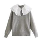 Long-sleeve Tie-neck Ruffle Trim Knit Top