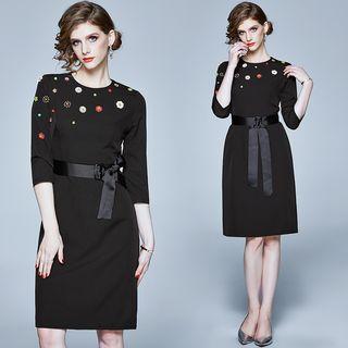 Flower Applique 3/4-sleeve Tie-waist Sheath Dress