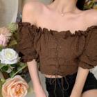 Puff-sleeve Off-shoulder Strappy Wood Ear Trim Blouse Coffee - One Size