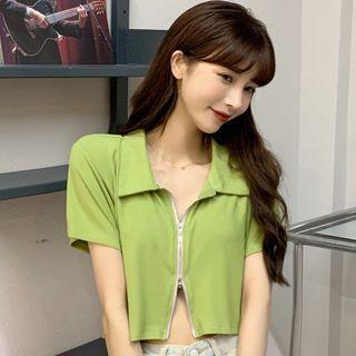 Zip Detail Collared Short-sleeve T-shirt