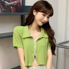Zip Detail Collared Short-sleeve T-shirt