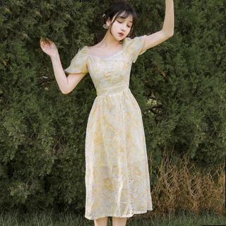 Floral Embroidered Puff-sleeve Slit Midi A-line Dress