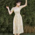 Floral Embroidered Puff-sleeve Slit Midi A-line Dress