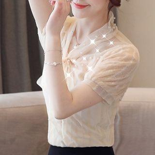 Short-sleeve Imitation Pearls Lace Chiffon Blouse