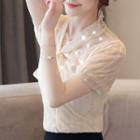 Short-sleeve Imitation Pearls Lace Chiffon Blouse