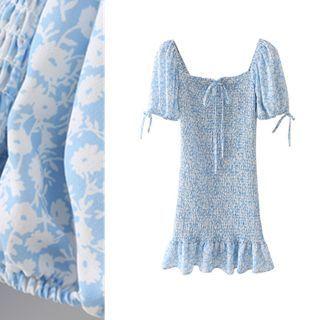 Square Neck Smocked Floral Print Dress