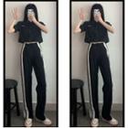 Cropped Short-sleeve Button Jacket / Striped Straight-fit Pants