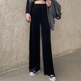 High Waist Velvet Wide Leg Pants Black - One Size