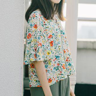 Floral Print V-neck Elbow-sleeve Chiffon Top