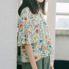 Floral Print V-neck Elbow-sleeve Chiffon Top