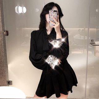 Tie-neck Sequined Panel Mini Dress Shirt - One Size