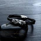 Stainless Steel Skull Leather Layered Bracelet 1345 - Black - One Size