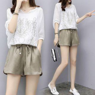 Set: Embroidered Elbow-sleeve Blouse + Drawstring Shorts