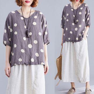 Dotted Elbow-sleeve Top Top - Gray - One Size