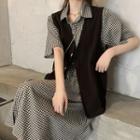 Short-sleeve Plaid Midi Shirt Dress / Vest