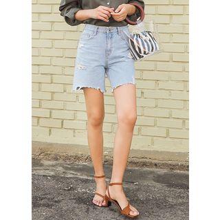 Plus Size - High-rise Frayed Denim Shorts