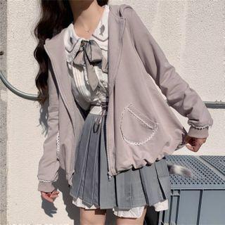 Cat Ear Zip Jacket / Contrast Trim Blouse / Mini Pleated Skirt