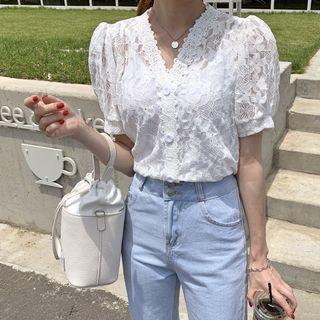 Puff-sleeve Laced Blouse White - One Size