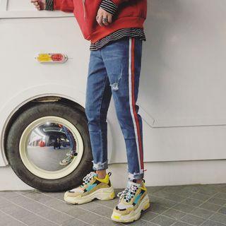 Colored Strap Slim-fit Ripped Jeans