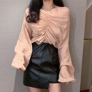 Long-sleeve Ruched-front Plain Top Khaki - One Size