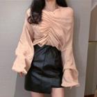 Long-sleeve Ruched-front Plain Top Khaki - One Size